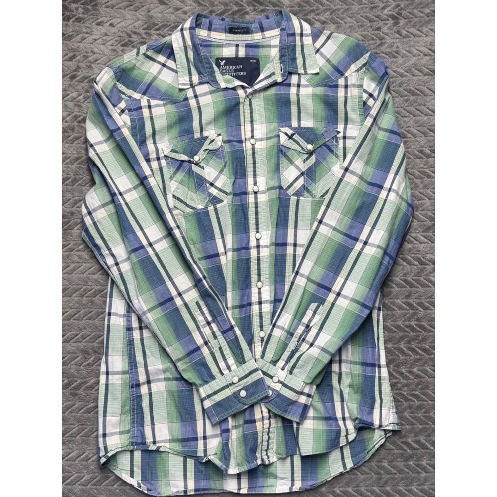 American Eagle Outfitters Mens Plaid Western Pearl Snap Shirt Green Blue Large